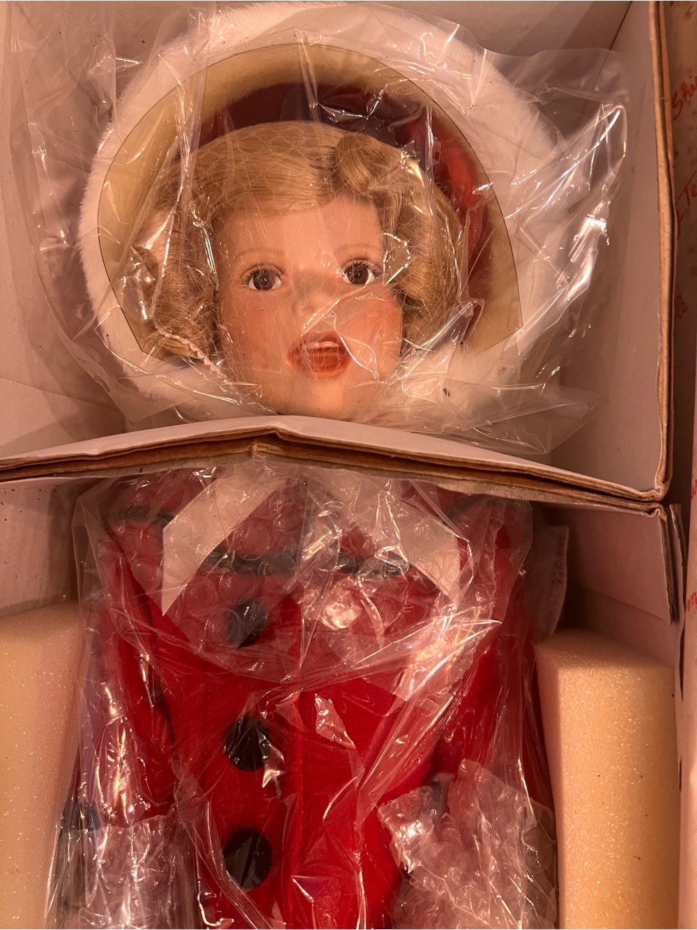 Shirley Temple Vintage Porcelain Doll in Christmas Caroling Red Outfit